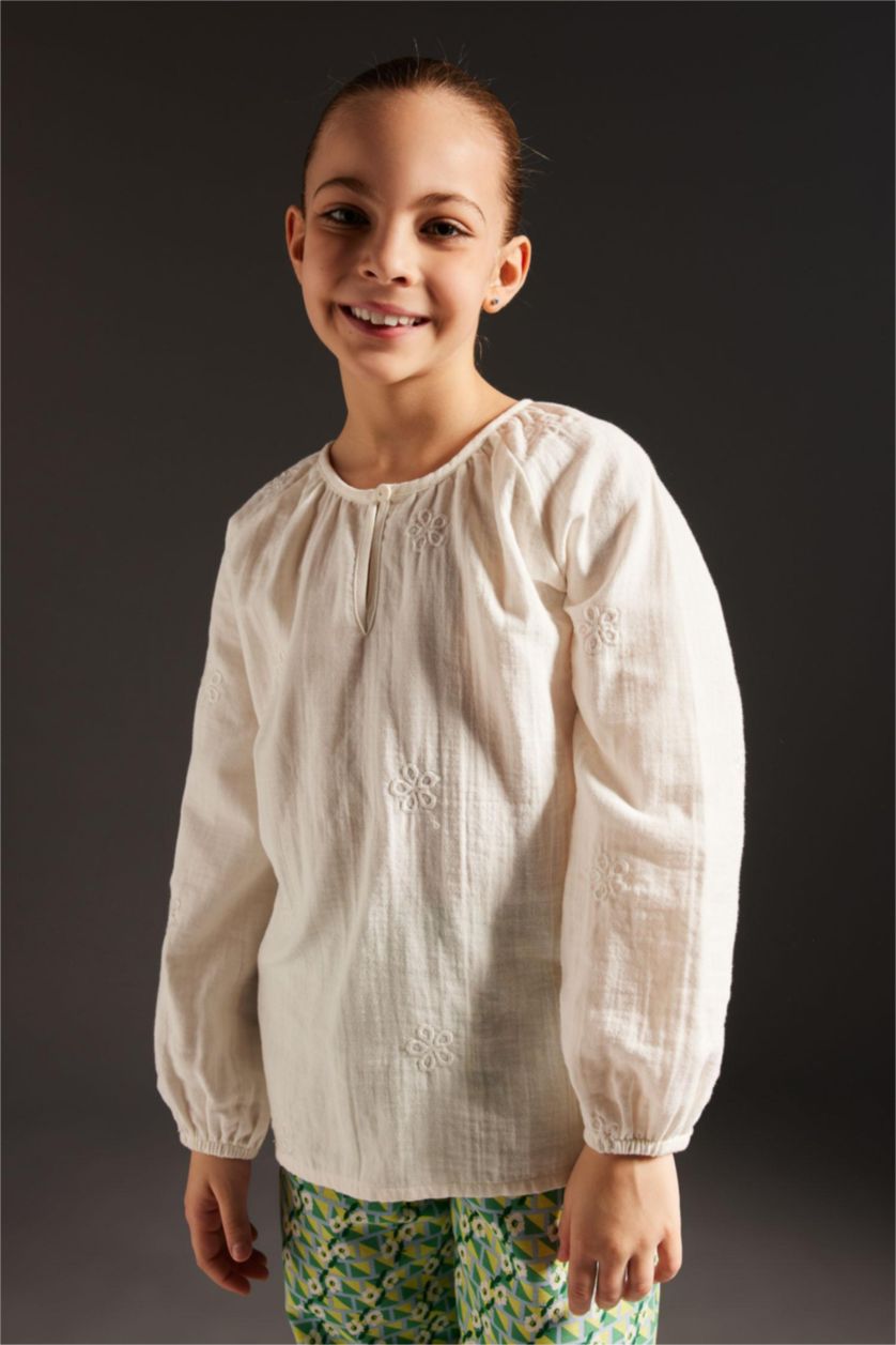 Girls & Teens Beige Girl Relax Fit Muslin Long Sleeve Blouse