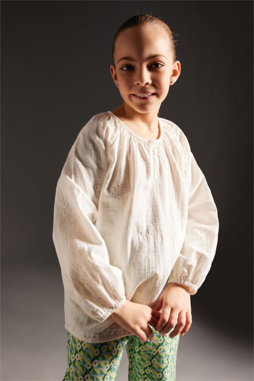 Girls & Teens Beige Girl Relax Fit Muslin Long Sleeve Blouse
