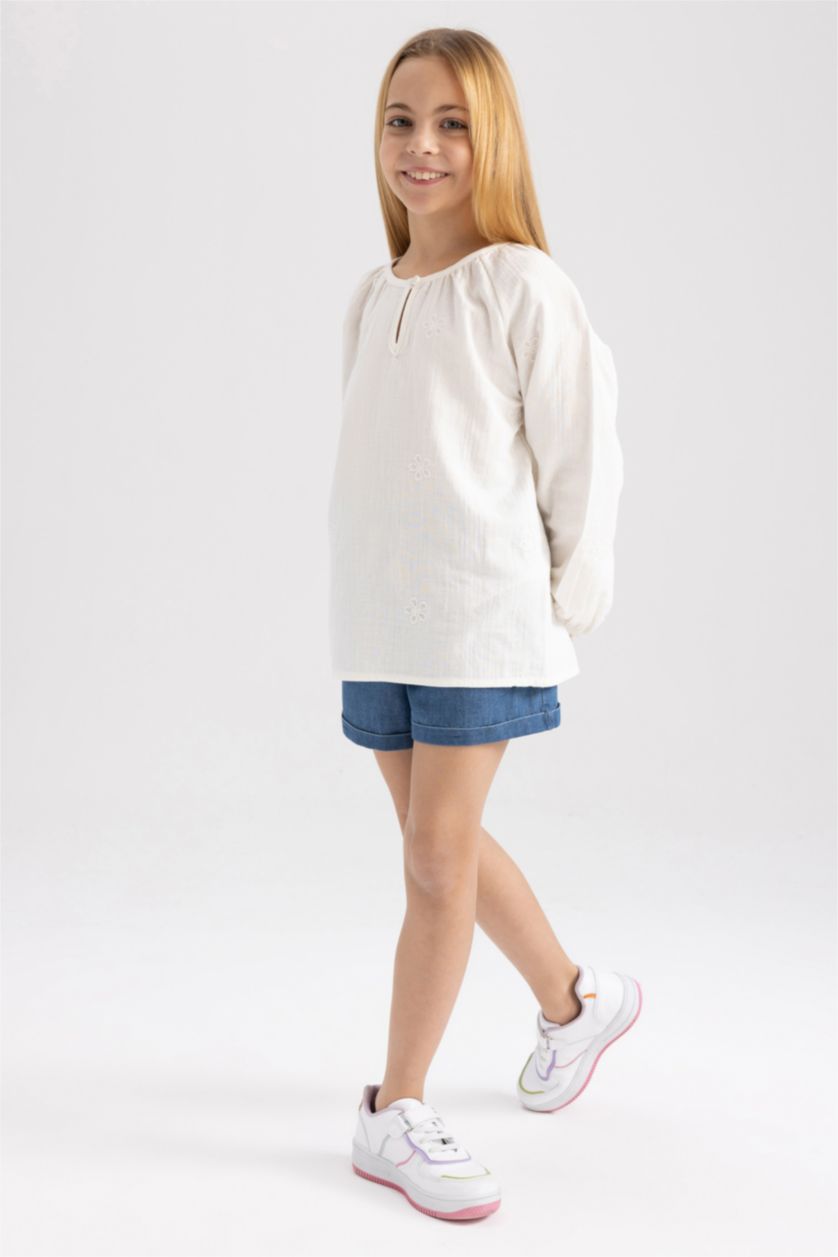 Girls & Teens Beige Girl Relax Fit Muslin Long Sleeve Blouse