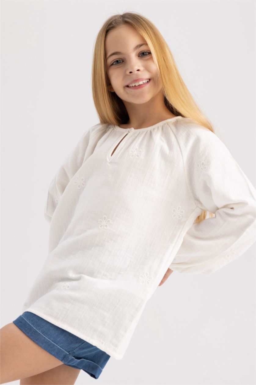 Girls & Teens Beige Girl Relax Fit Muslin Long Sleeve Blouse