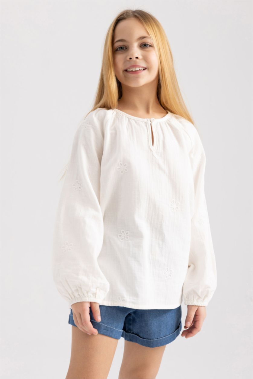 Girls & Teens Beige Girl Relax Fit Muslin Long Sleeve Blouse