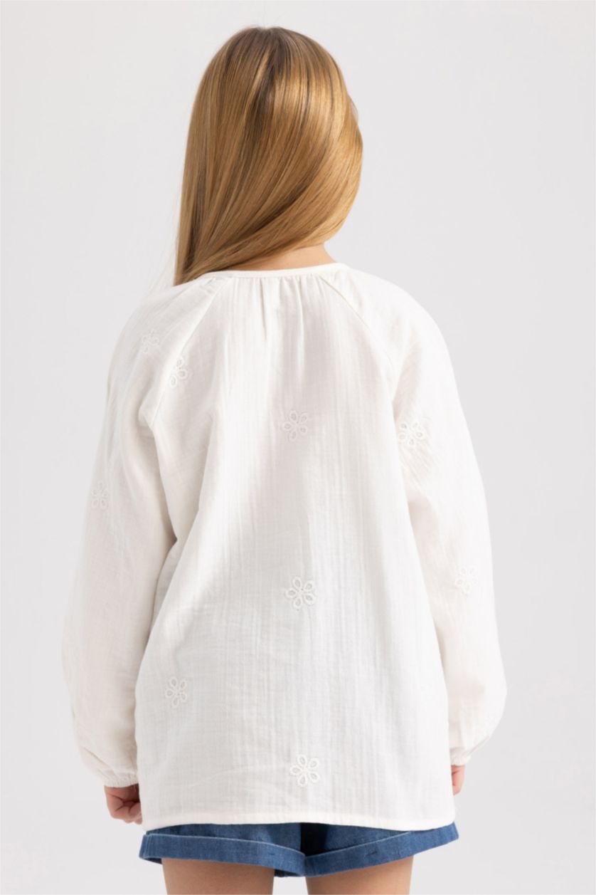 Girls & Teens Beige Girl Relax Fit Muslin Long Sleeve Blouse