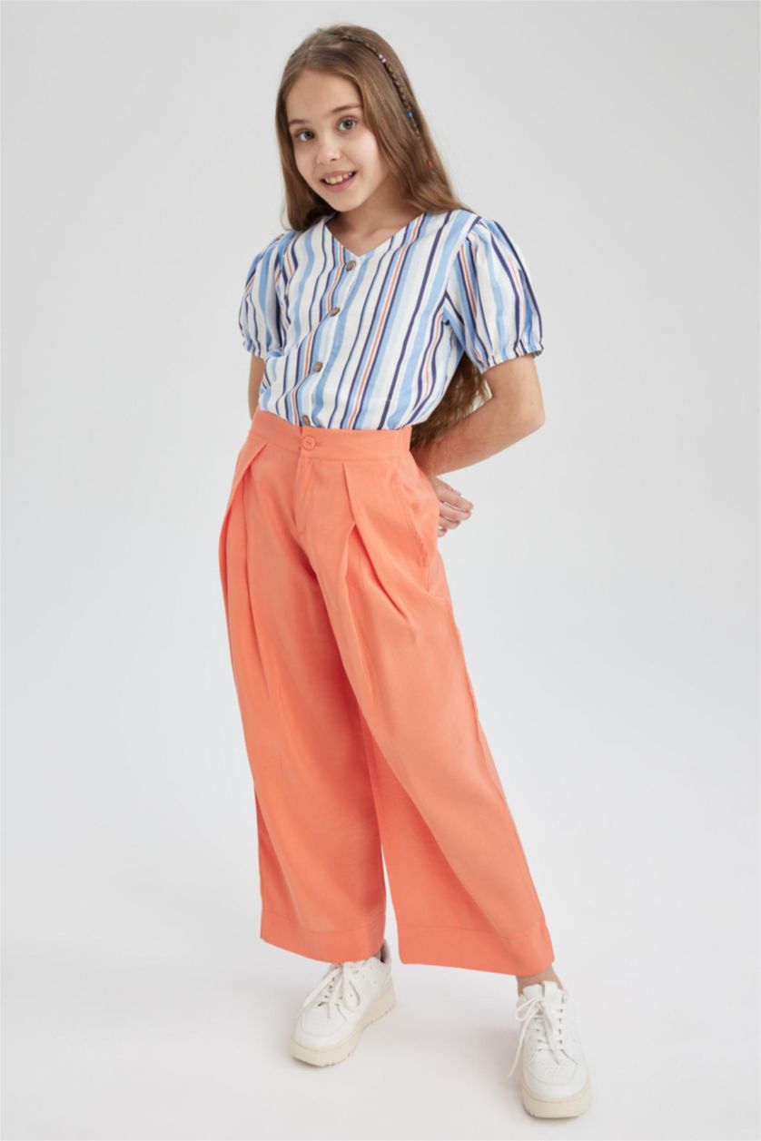 Kız Çocuk - Genç Kız Mavi Kız Çocuk V Yaka Desenli Pamuklu Kısa Kollu Gömlek