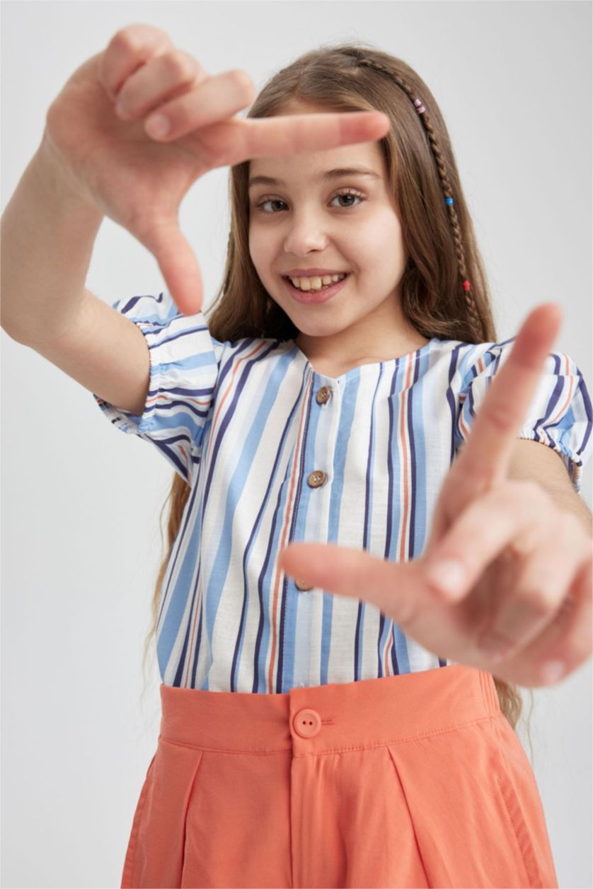 Kız Çocuk - Genç Kız Mavi Kız Çocuk V Yaka Desenli Pamuklu Kısa Kollu Gömlek