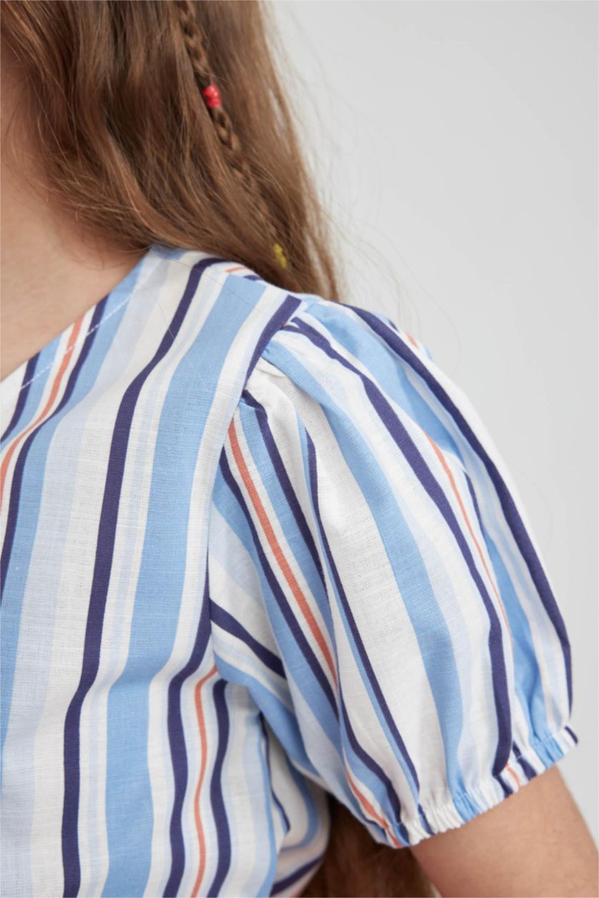 Kız Çocuk - Genç Kız Mavi Kız Çocuk V Yaka Desenli Pamuklu Kısa Kollu Gömlek