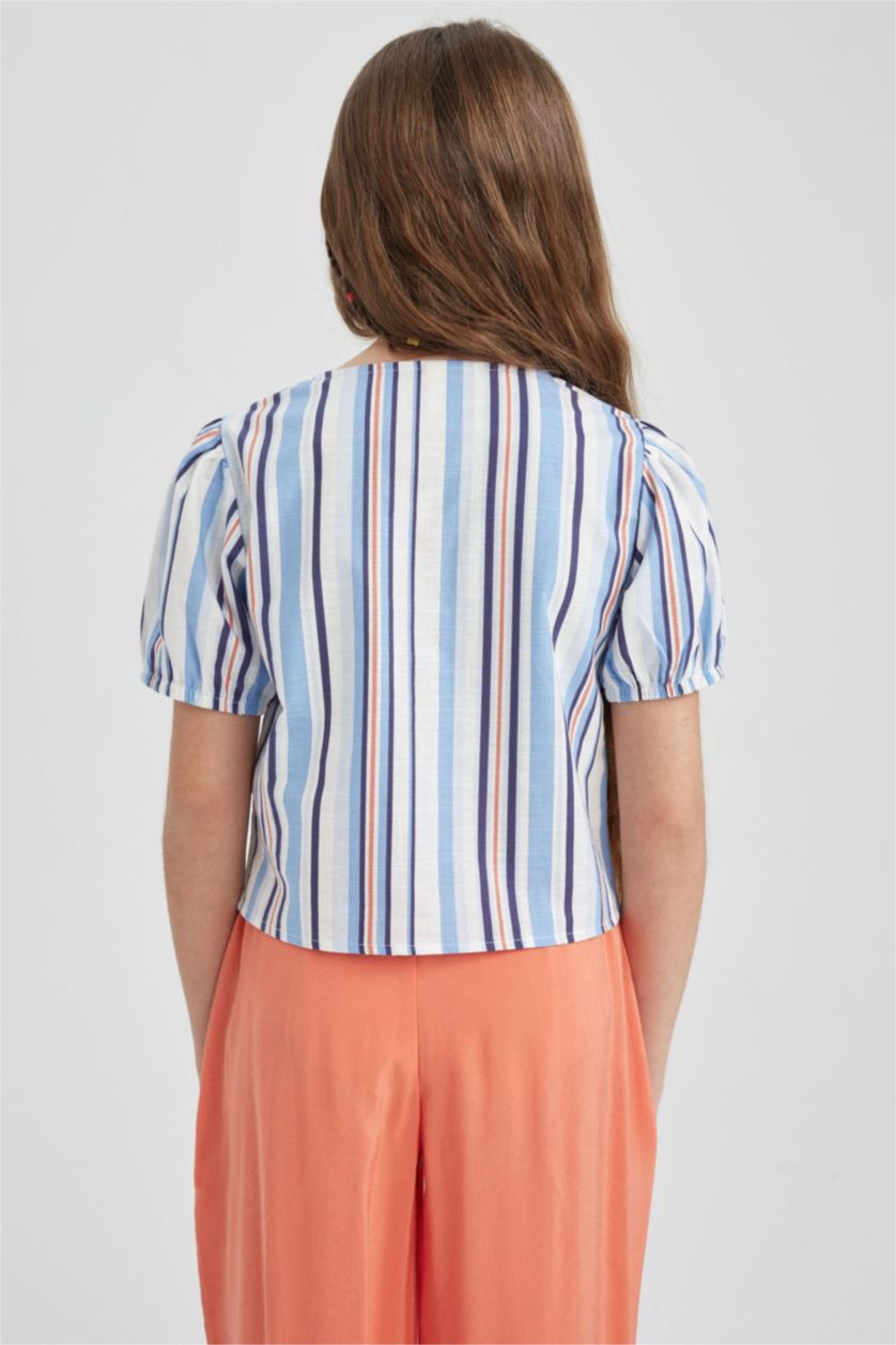 Kız Çocuk - Genç Kız Mavi Kız Çocuk V Yaka Desenli Pamuklu Kısa Kollu Gömlek