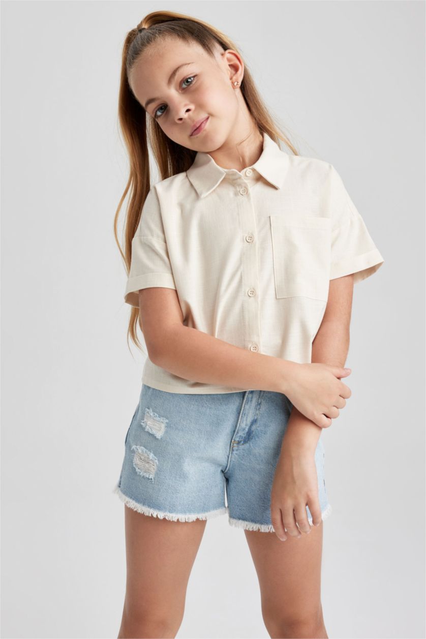 Kız Çocuk - Genç Kız Taş Cropped Fit Keten Kısa Kollu Gömlek Kız Çocuk