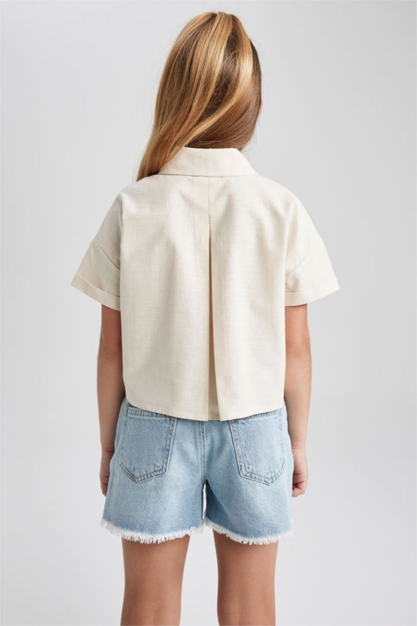 Kız Çocuk - Genç Kız Taş Cropped Fit Keten Kısa Kollu Gömlek Kız Çocuk