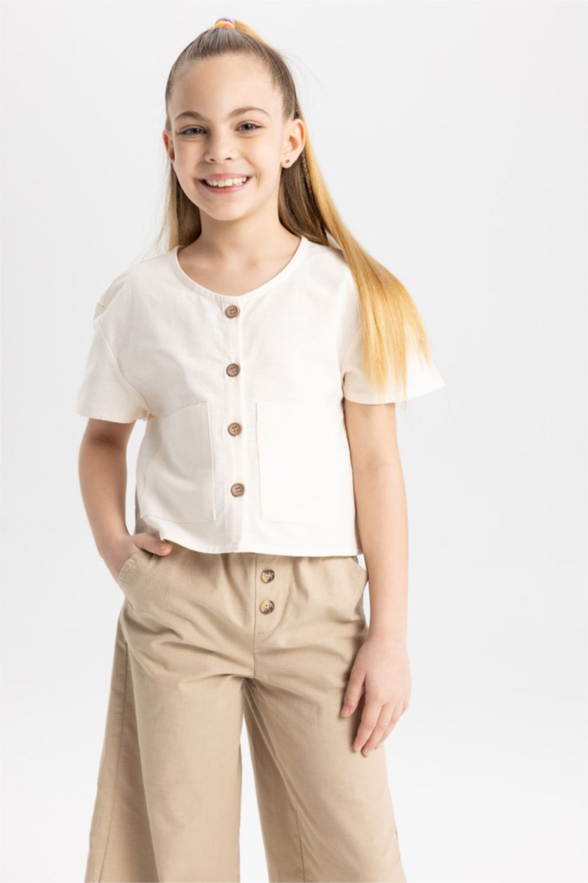 FILLES Beige Chemise À Manches Courtes Aspect Lin Coupe Moderne Pour Fille