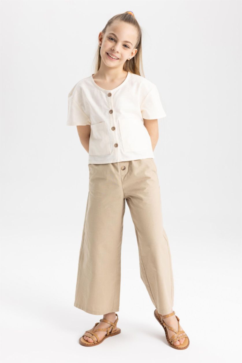 FILLES Beige Chemise À Manches Courtes Aspect Lin Coupe Moderne Pour Fille