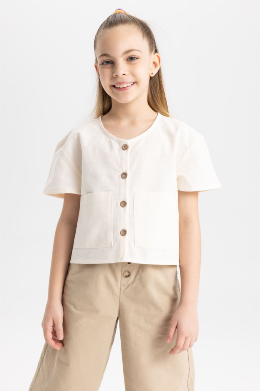 FILLES Beige Chemise À Manches Courtes Aspect Lin Coupe Moderne Pour Fille