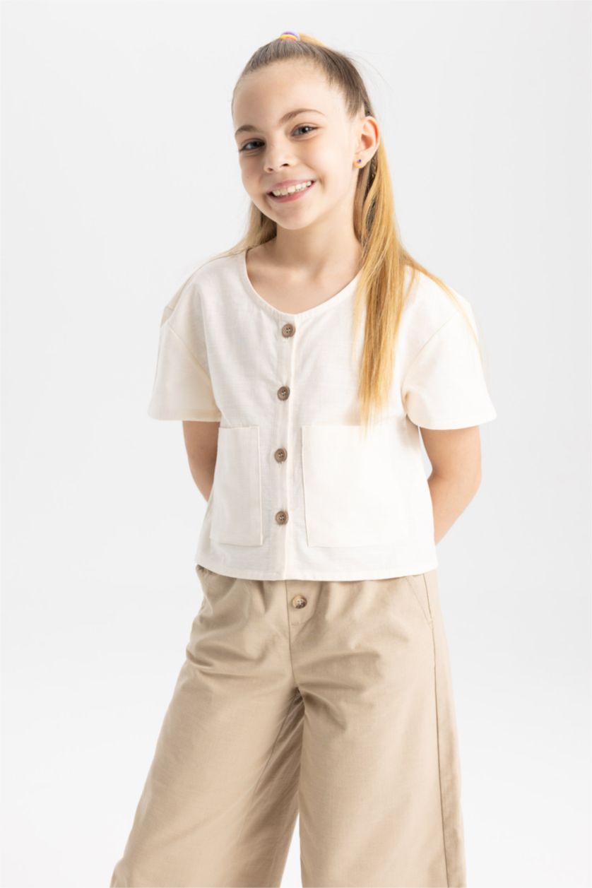 FILLES Beige Chemise À Manches Courtes Aspect Lin Coupe Moderne Pour Fille