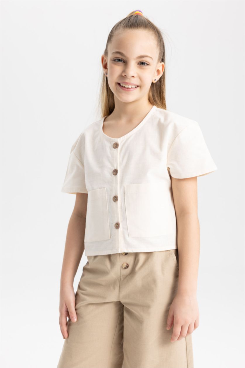 FILLES Beige Chemise À Manches Courtes Aspect Lin Coupe Moderne Pour Fille