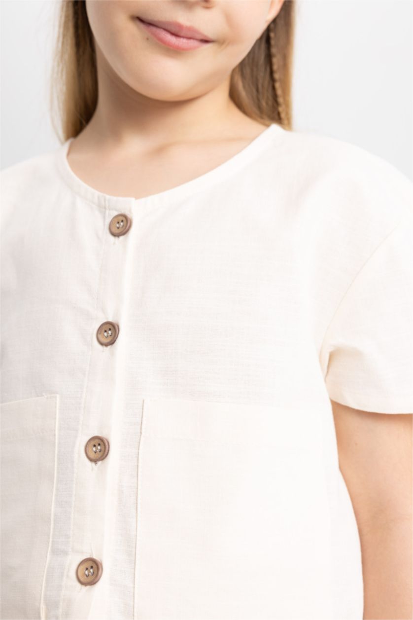 FILLES Beige Chemise À Manches Courtes Aspect Lin Coupe Moderne Pour Fille