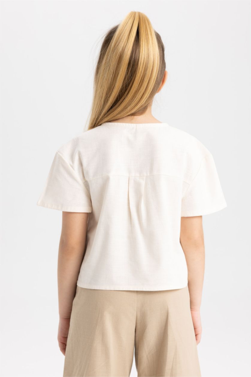 FILLES Beige Chemise À Manches Courtes Aspect Lin Coupe Moderne Pour Fille