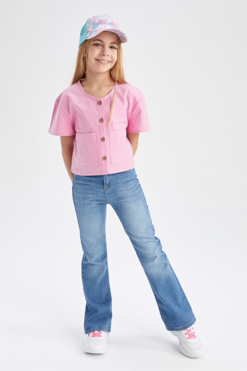 FILLES Rose Chemise À Manches Courtes Aspect Lin Coupe Moderne Pour Fille