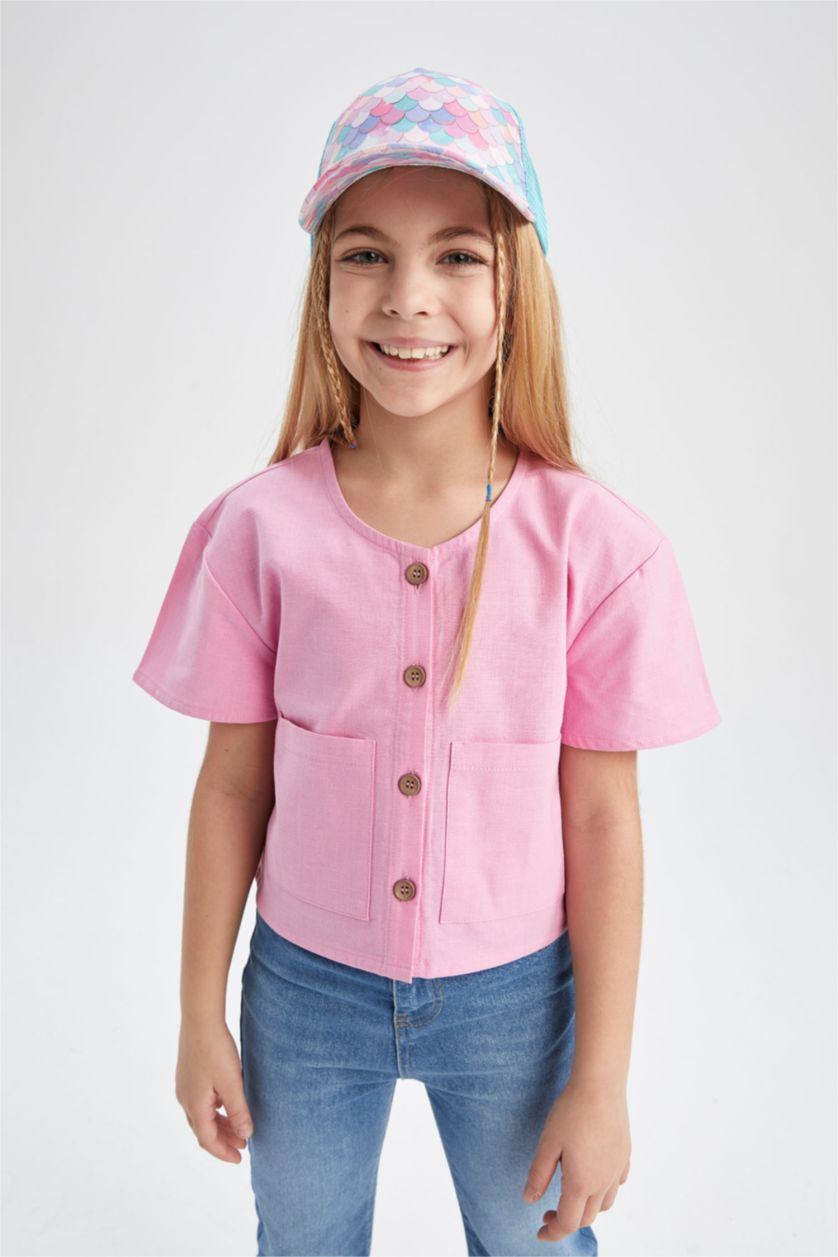 FILLES Rose Chemise À Manches Courtes Aspect Lin Coupe Moderne Pour Fille