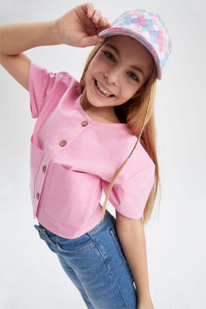 FILLES Rose Chemise À Manches Courtes Aspect Lin Coupe Moderne Pour Fille