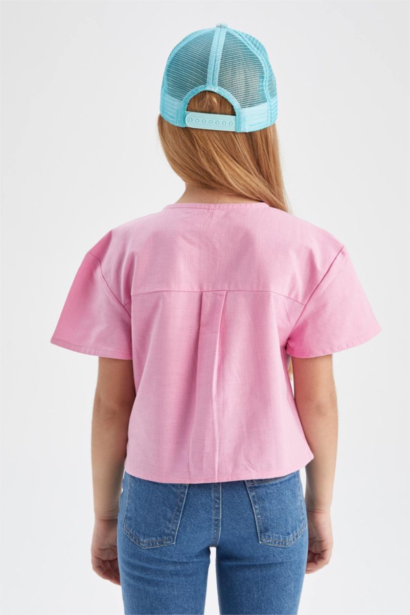 FILLES Rose Chemise À Manches Courtes Aspect Lin Coupe Moderne Pour Fille