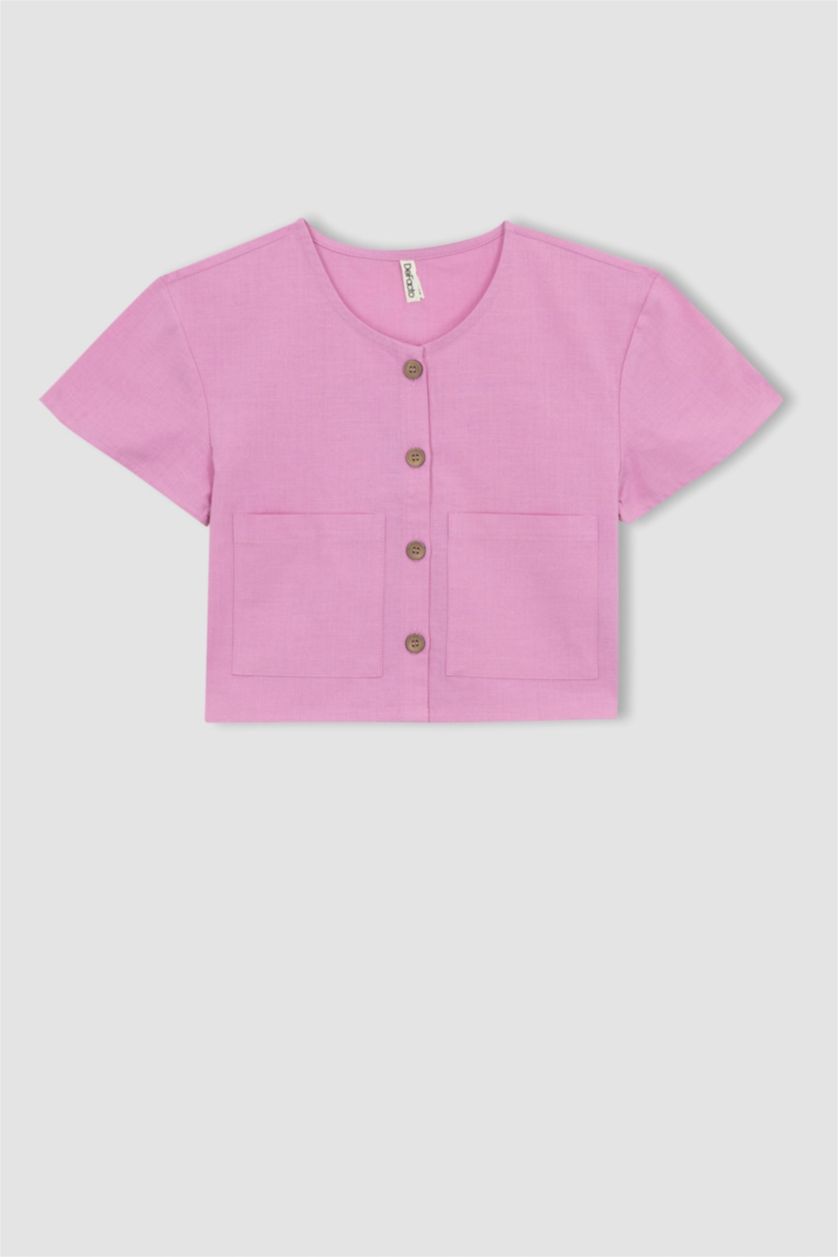 FILLES Rose Chemise À Manches Courtes Aspect Lin Coupe Moderne Pour Fille