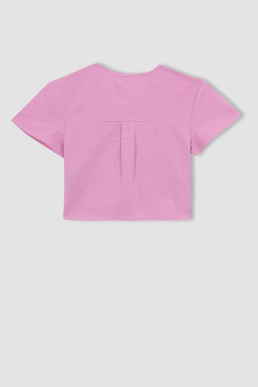 FILLES Rose Chemise À Manches Courtes Aspect Lin Coupe Moderne Pour Fille