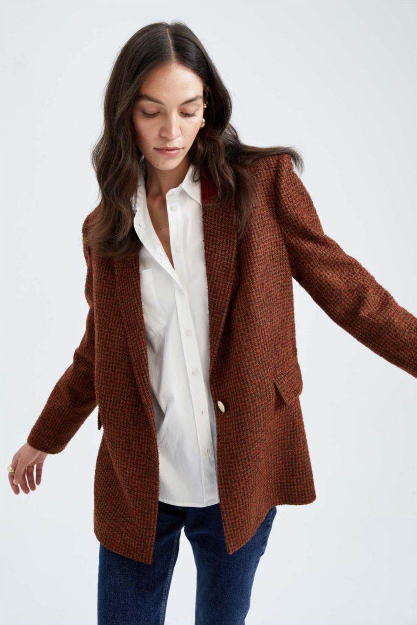 Kadın Turuncu Sorbe X Defacto Oversize Fit Yün Görünümlü Blazer Ceket