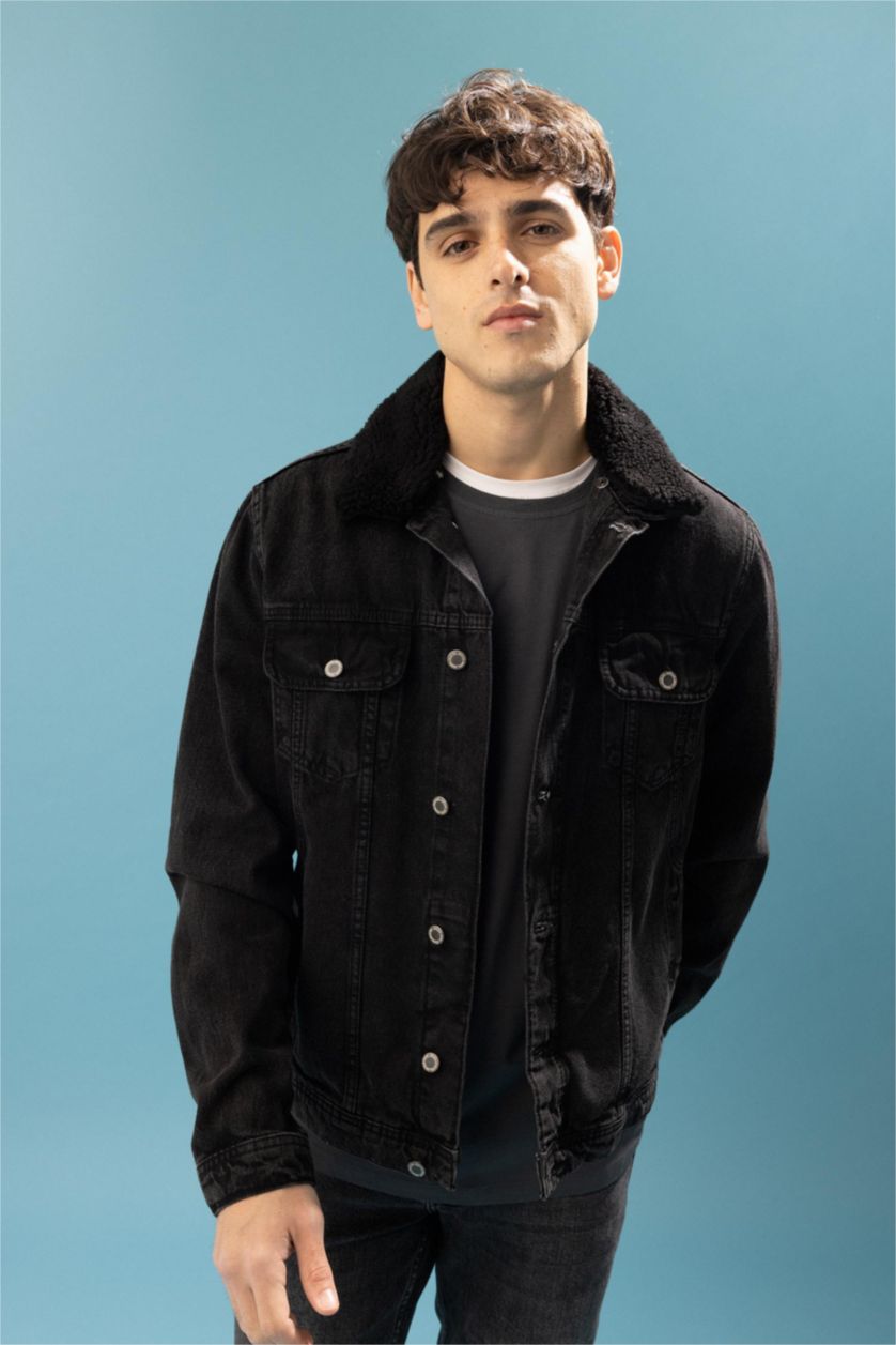 MAN Black Slim Fit Faux Fur Collar Jean Jacket