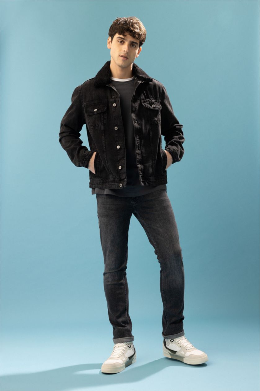 MAN Black Slim Fit Faux Fur Collar Jean Jacket