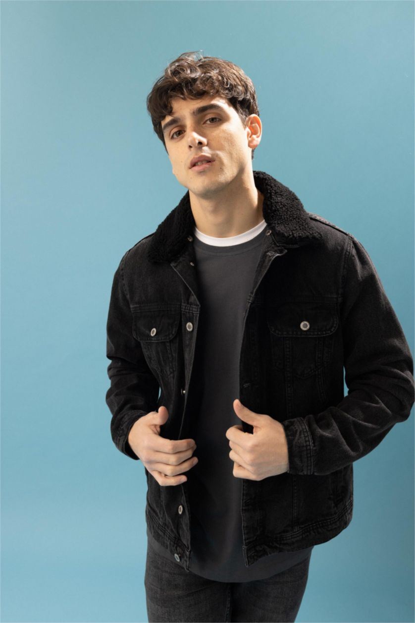 MAN Black Slim Fit Faux Fur Collar Jean Jacket