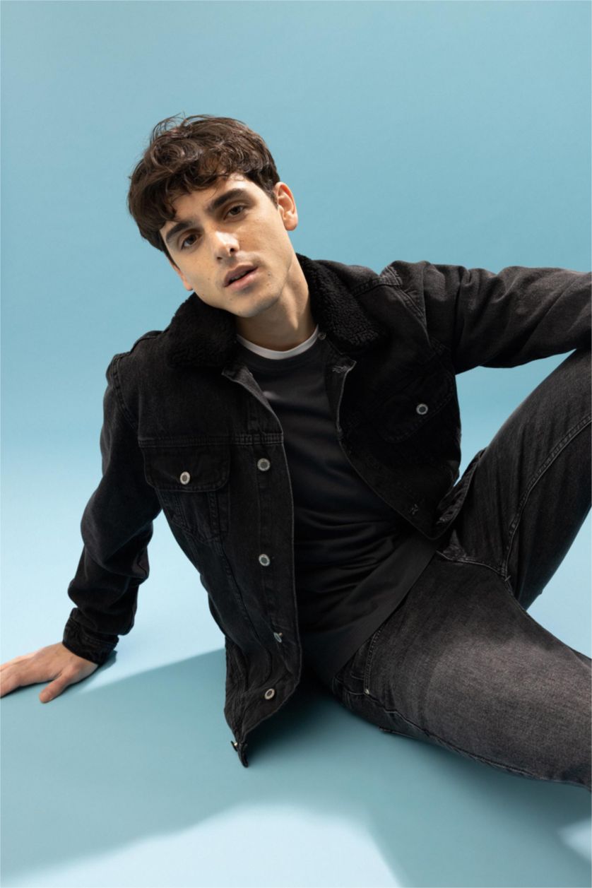 MAN Black Slim Fit Faux Fur Collar Jean Jacket