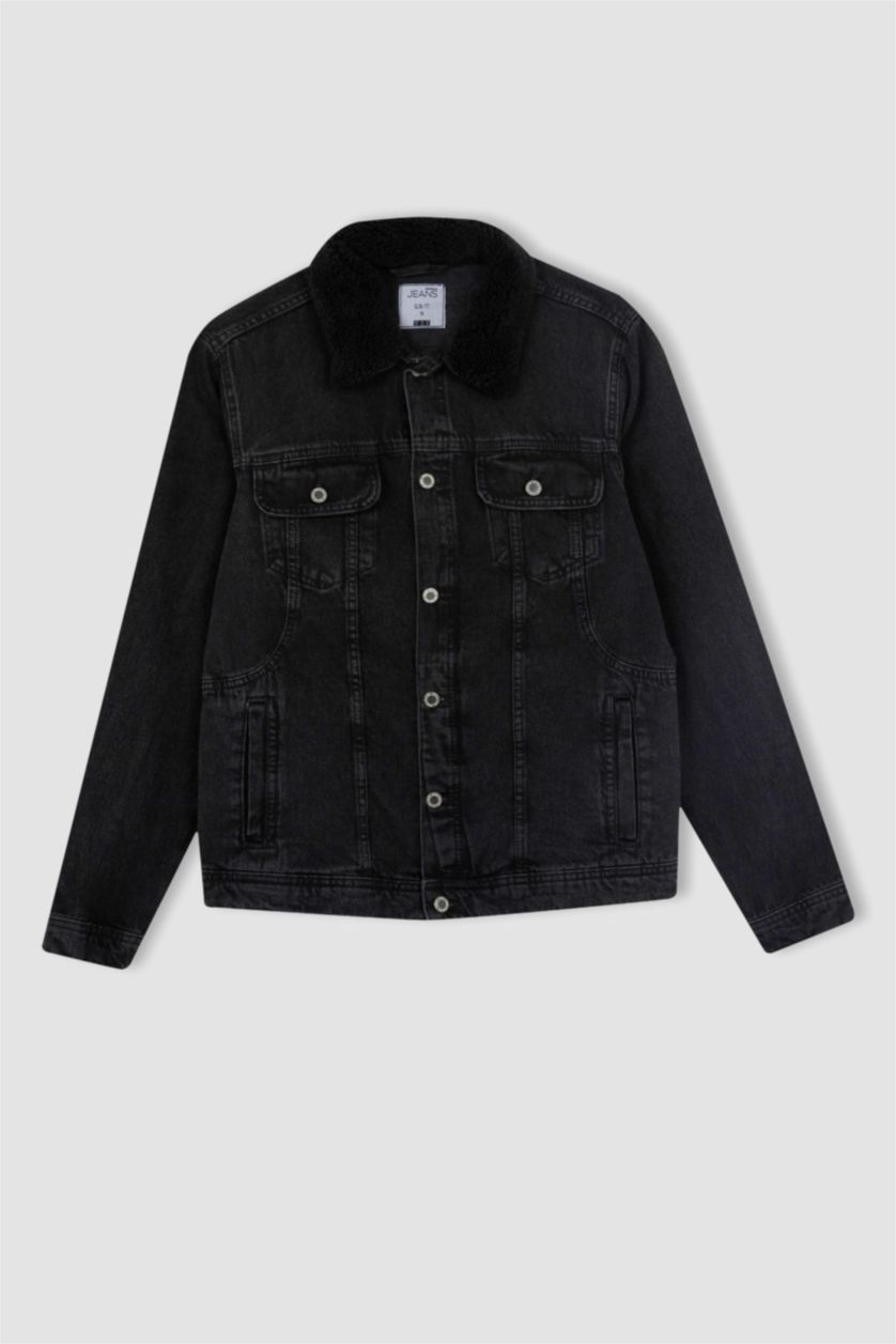 MAN Black Slim Fit Faux Fur Collar Jean Jacket