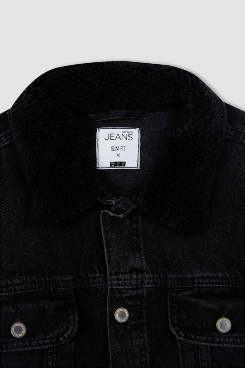 MAN Black Slim Fit Faux Fur Collar Jean Jacket