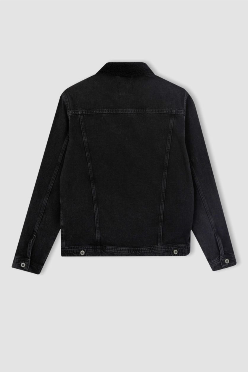 MAN Black Slim Fit Faux Fur Collar Jean Jacket