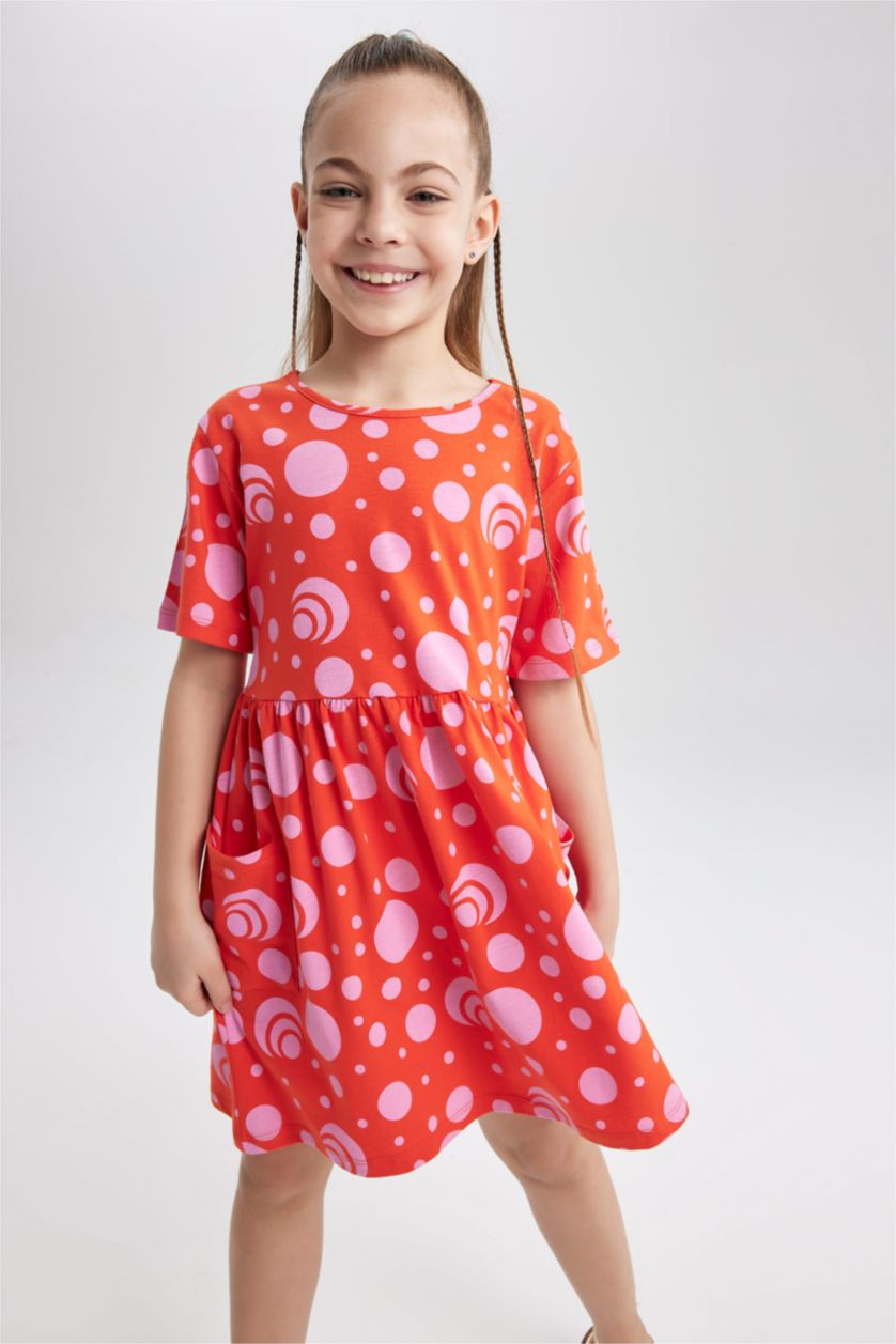 GIRLS & TEENS Koyu Mercan Girl Patterned Short Sleeve Combed Cotton Dress