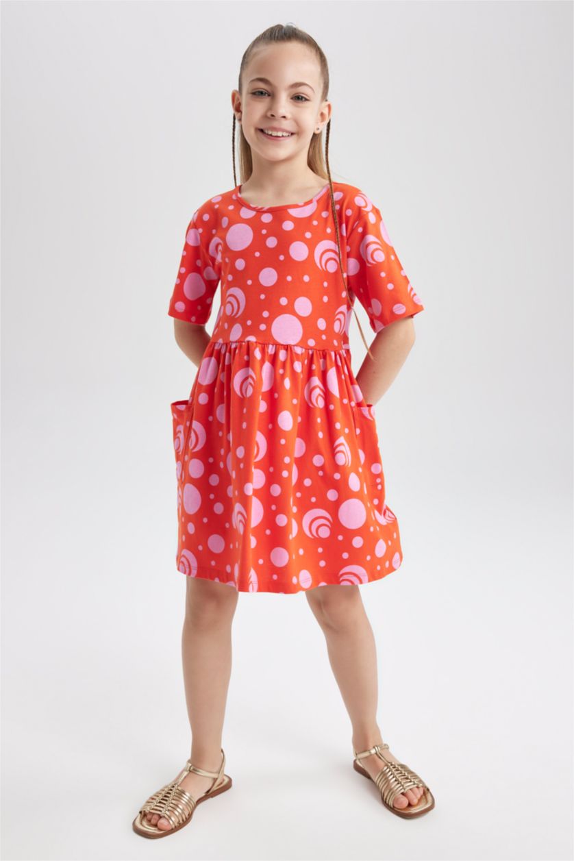 GIRLS & TEENS Koyu Mercan Girl Patterned Short Sleeve Combed Cotton Dress