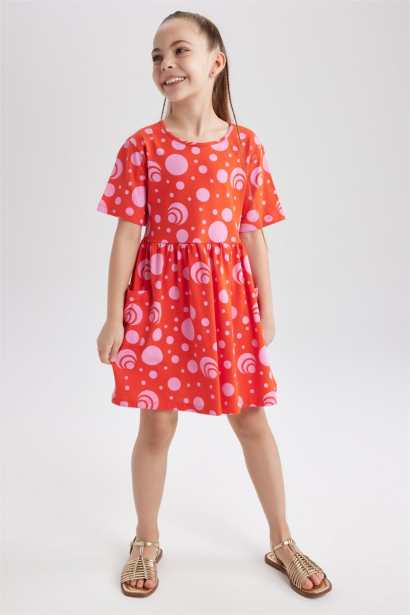 GIRLS & TEENS Koyu Mercan Girl Patterned Short Sleeve Combed Cotton Dress