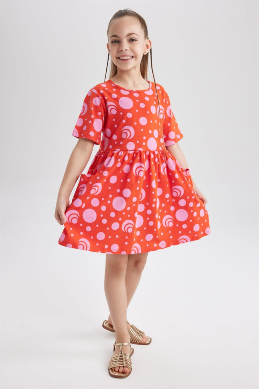 GIRLS & TEENS Koyu Mercan Girl Patterned Short Sleeve Combed Cotton Dress