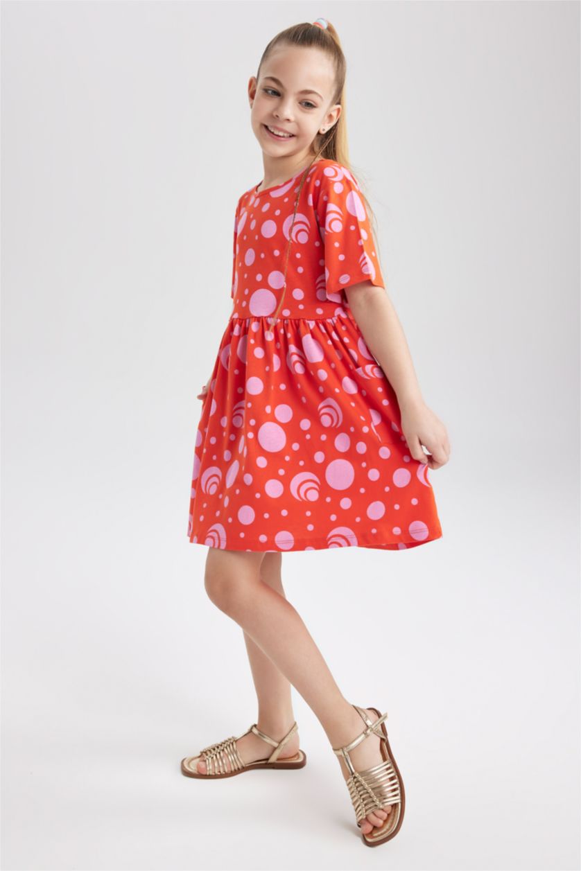 GIRLS & TEENS Koyu Mercan Girl Patterned Short Sleeve Combed Cotton Dress