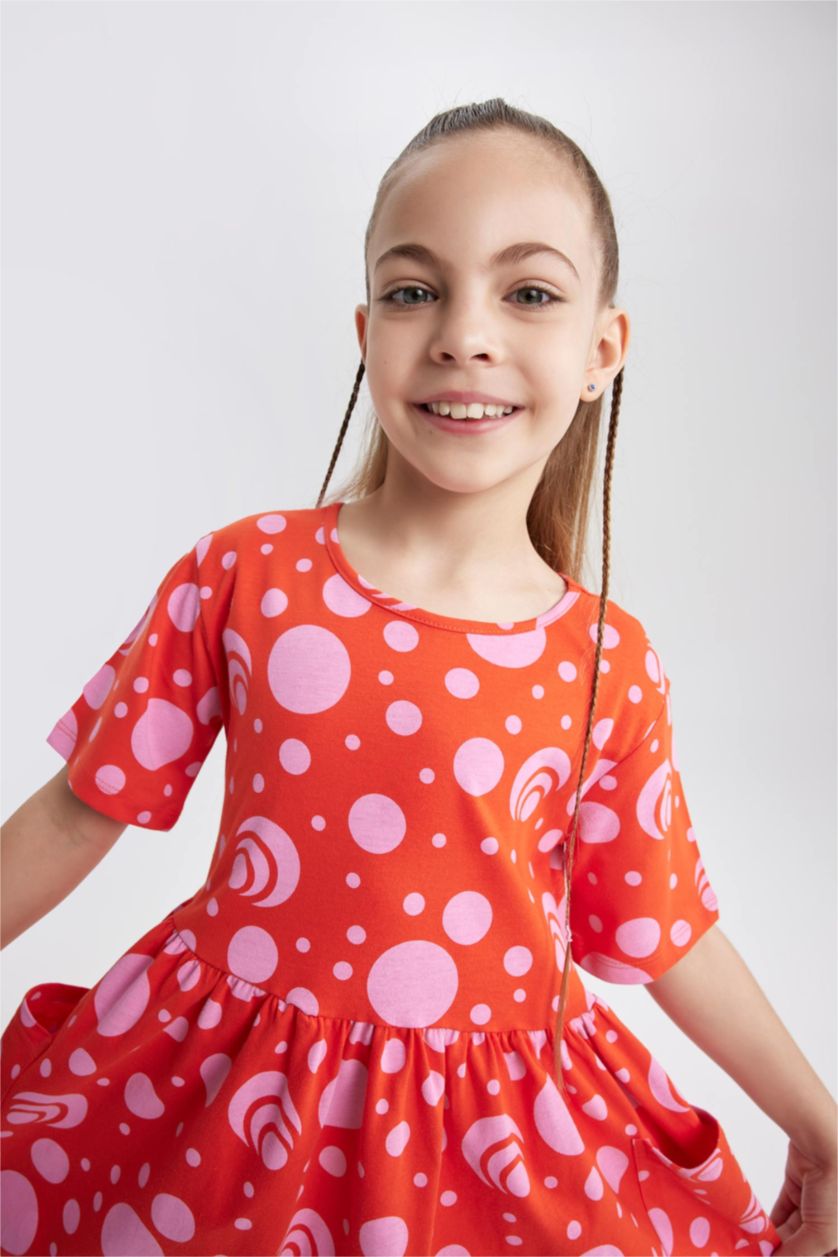 GIRLS & TEENS Koyu Mercan Girl Patterned Short Sleeve Combed Cotton Dress