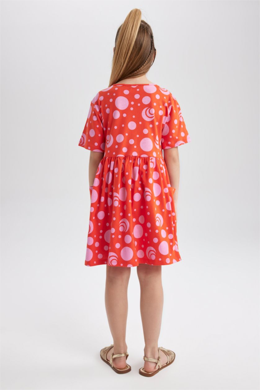 GIRLS & TEENS Koyu Mercan Girl Patterned Short Sleeve Combed Cotton Dress