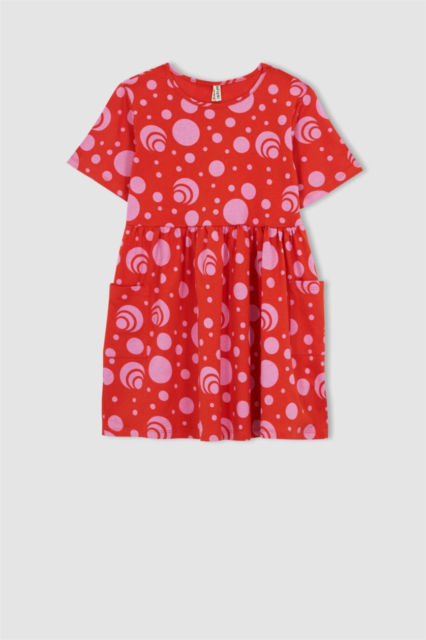 GIRLS & TEENS Koyu Mercan Girl Patterned Short Sleeve Combed Cotton Dress