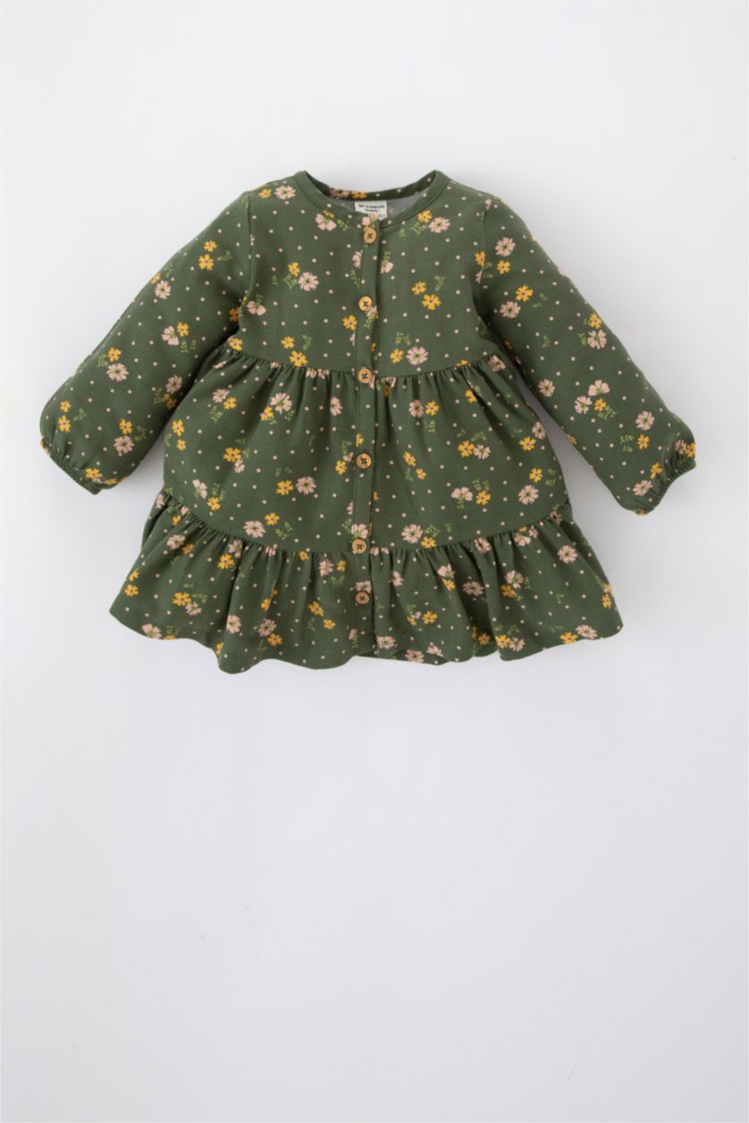 Baby Girl Dark Green Baby Girl Floral Long Sleeve Twill Dress