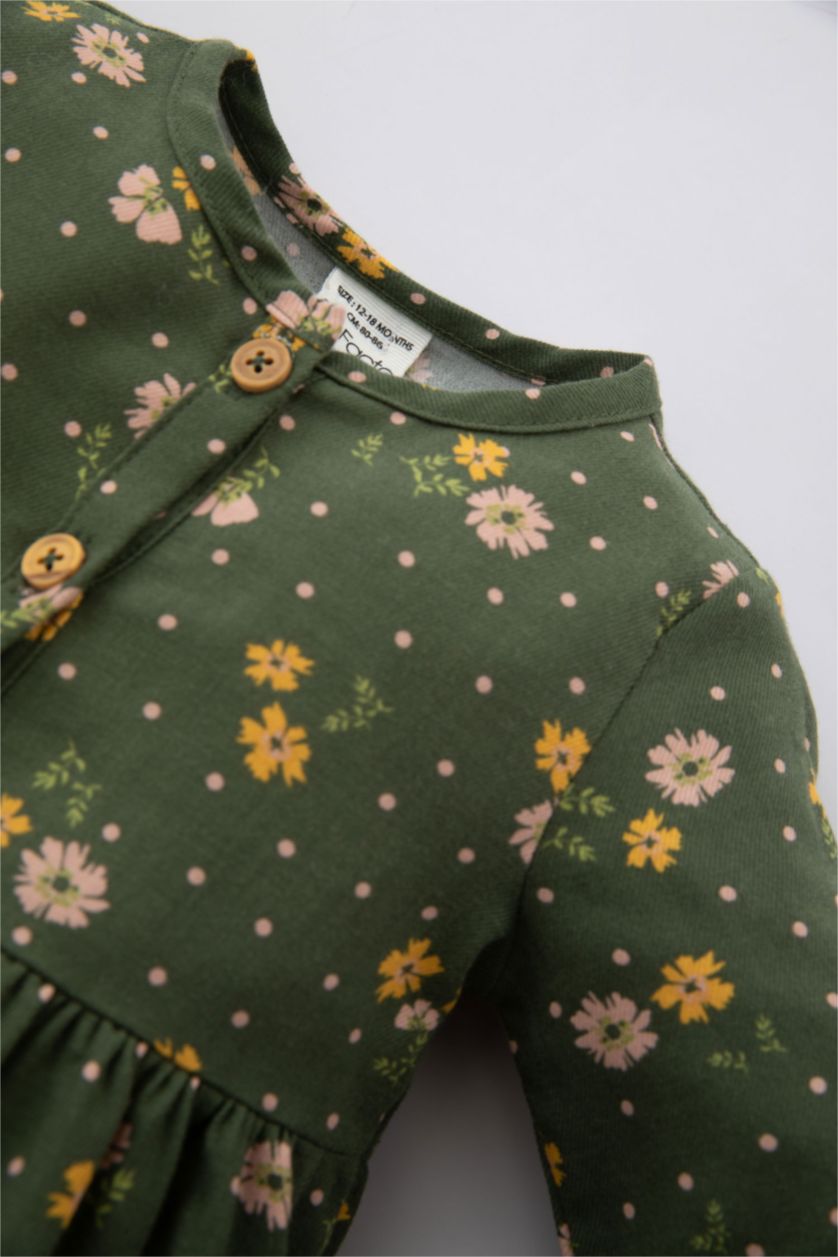 Baby Girl Dark Green Baby Girl Floral Long Sleeve Twill Dress