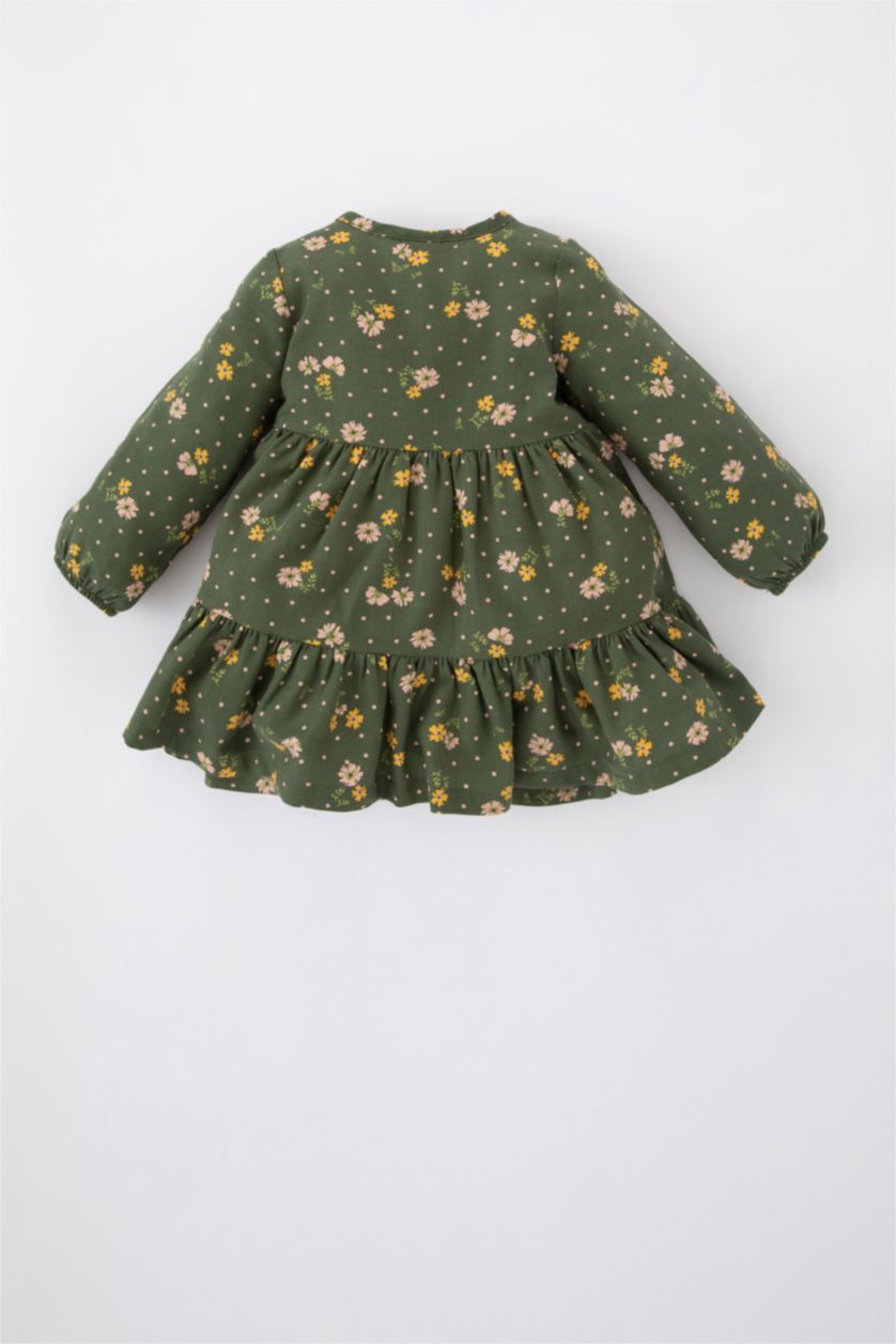 Baby Girl Dark Green Baby Girl Floral Long Sleeve Twill Dress