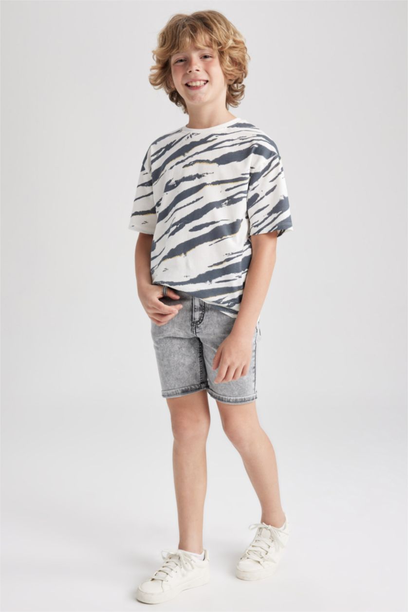 Erkek Çocuk - Genç Erkek Açık Gri Basic Düz Jean Şort Erkek Çocuk