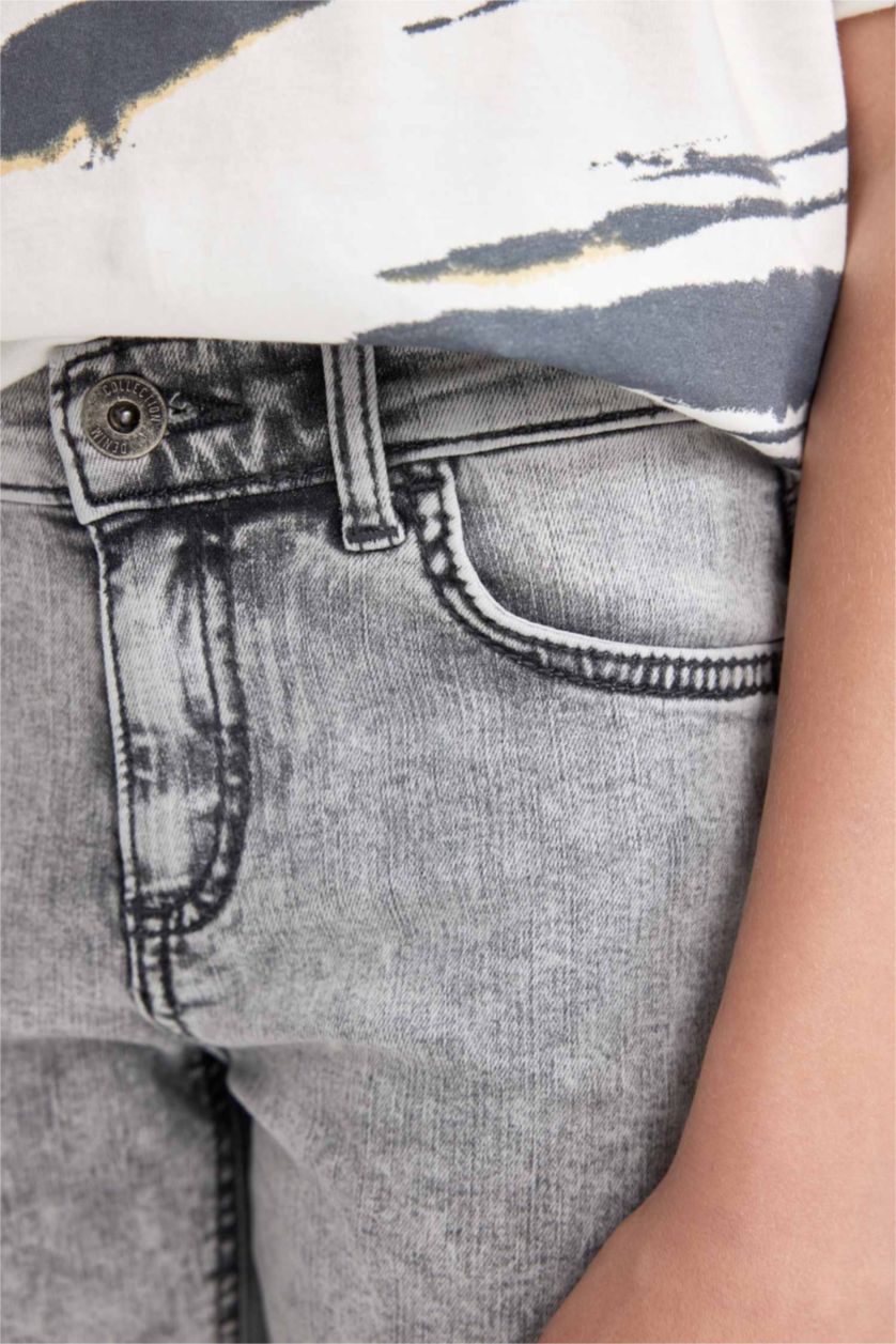 Erkek Çocuk - Genç Erkek Açık Gri Basic Düz Jean Şort Erkek Çocuk