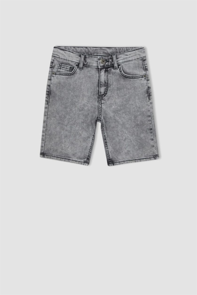 Erkek Çocuk - Genç Erkek Açık Gri Basic Düz Jean Şort Erkek Çocuk