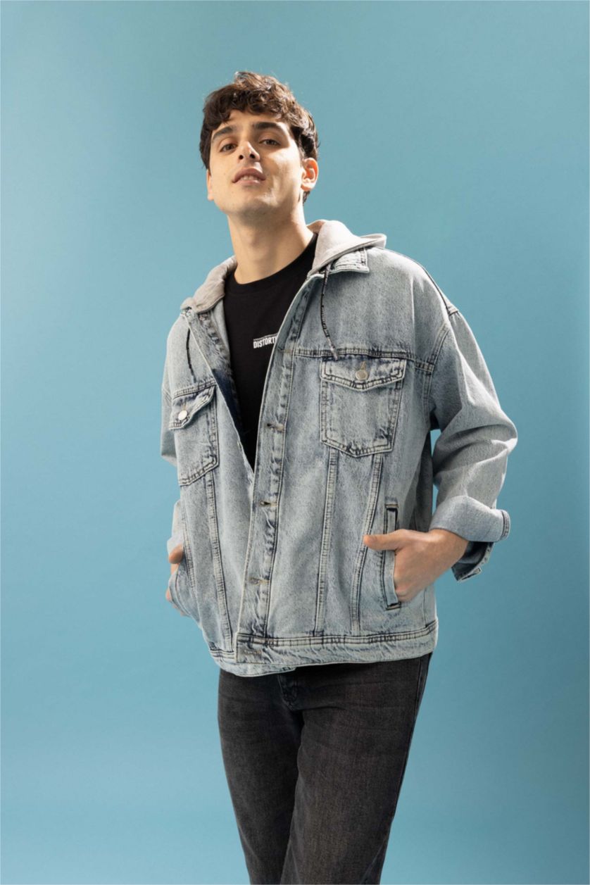 Erkek Açık Mavi Oversize Fit Kapüşonlu Jean Ceket