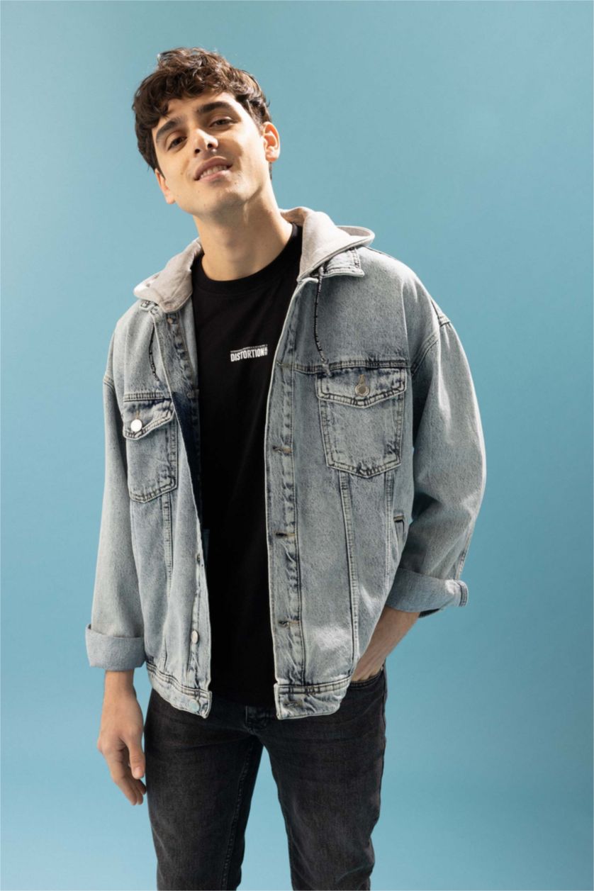 Erkek Açık Mavi Oversize Fit Kapüşonlu Jean Ceket