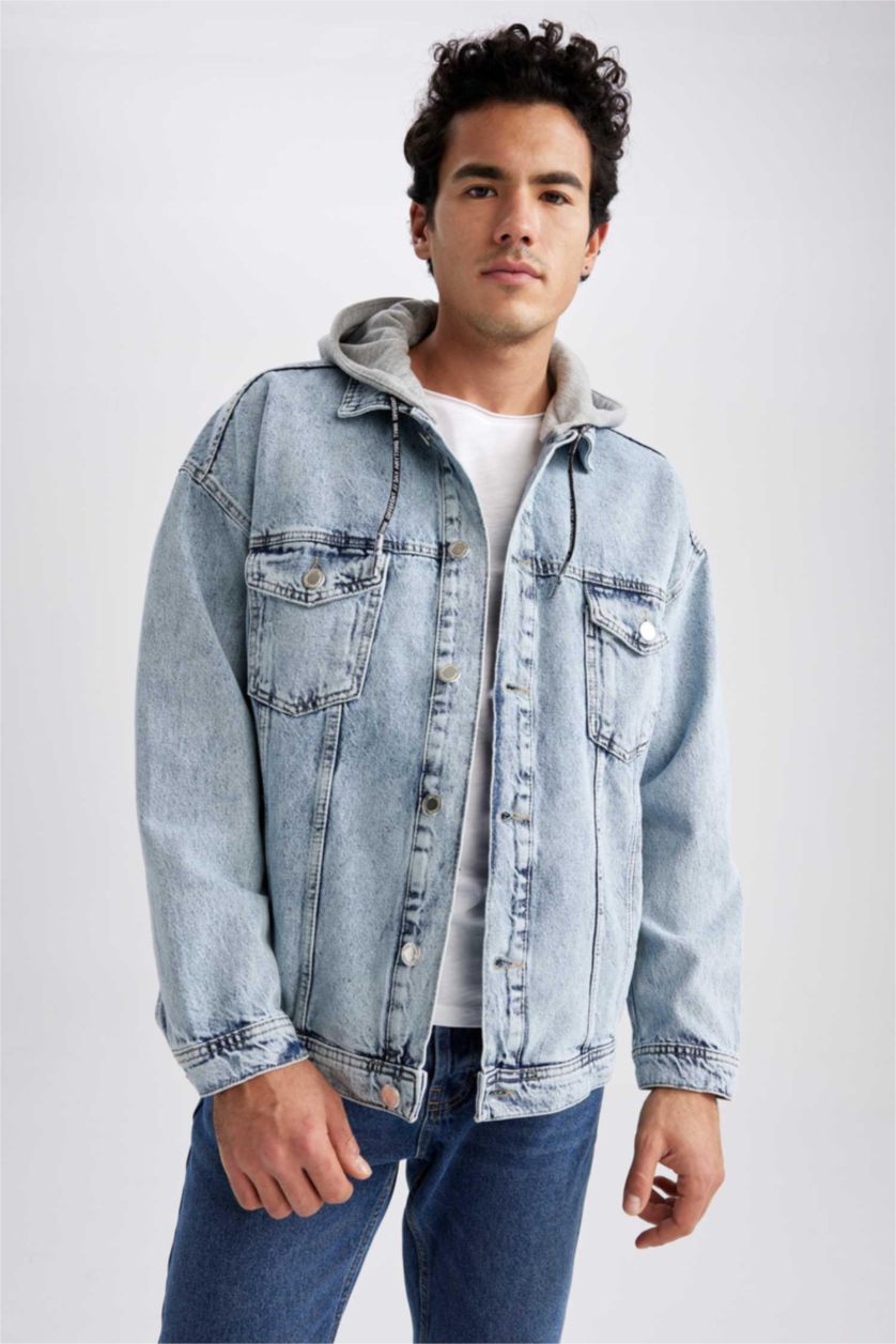 Erkek Açık Mavi Oversize Fit Kapüşonlu Jean Ceket